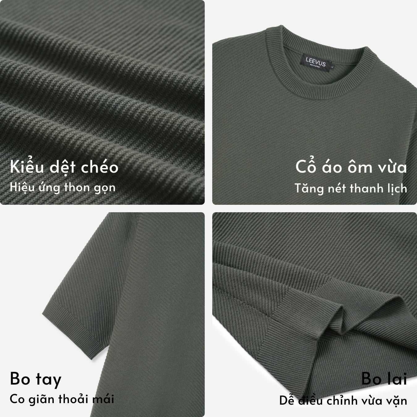Áo thun cổ tròn dệt kim Diagonal Weave Leevus AT43