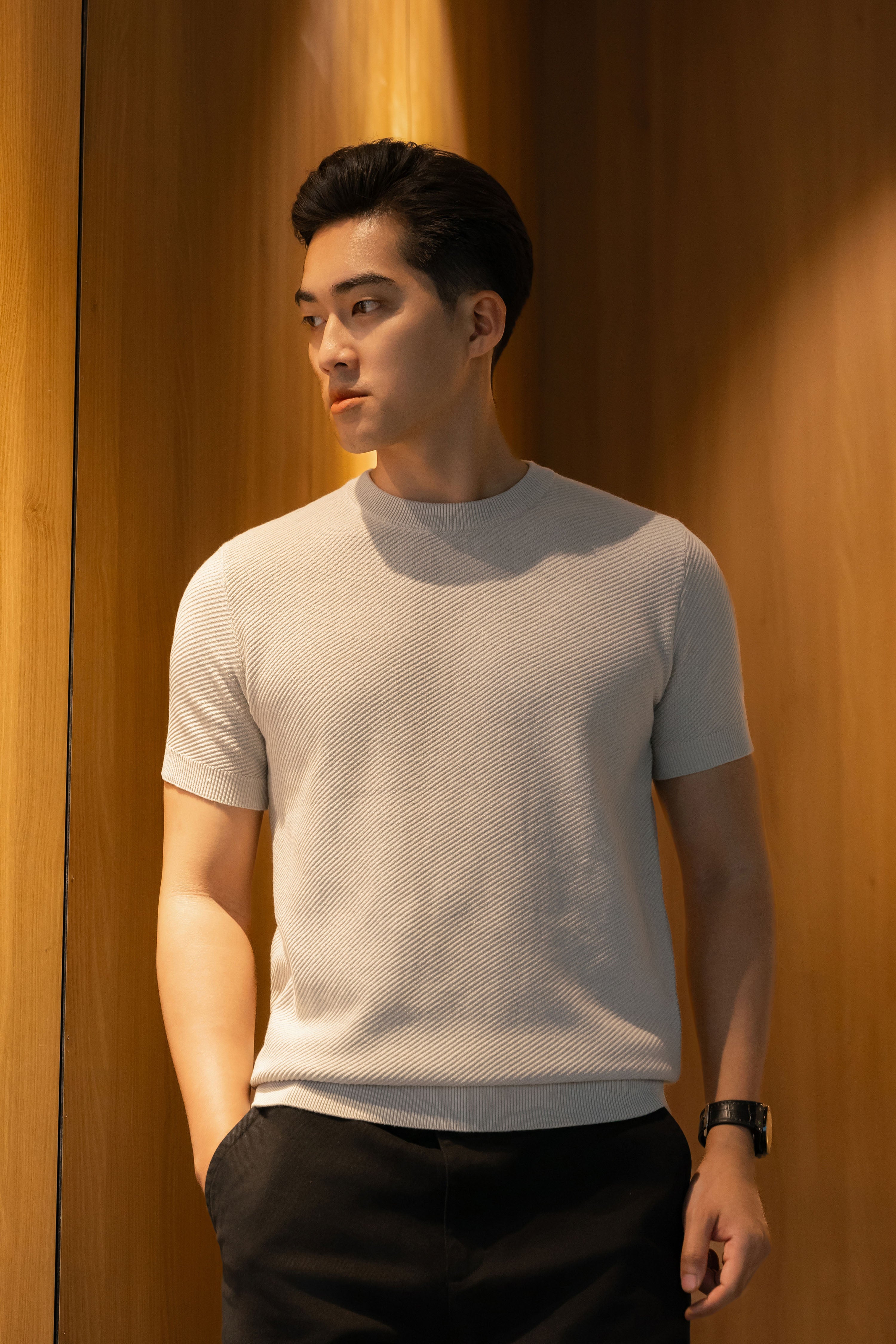 Áo thun cổ tròn dệt kim Diagonal Weave Leevus AT43
